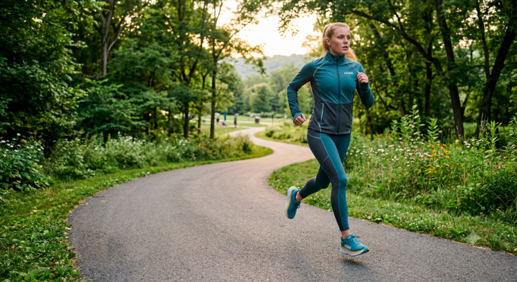 A young woman running on a paved park pathway surrounded by trees during sunset.
