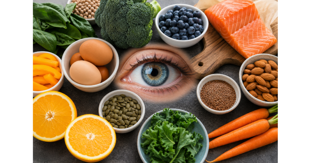 Healthy foods for eye health including carrots, salmon, leafy greens, blueberries, eggs, citrus fruits, nuts, and seeds surrounding a human eye