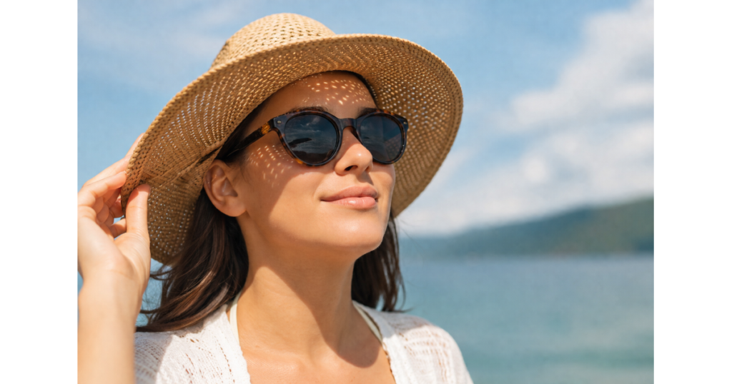 Person wearing UV-blocking sunglasses and a wide-brim hat outdoors to protect their eyes from harmful sunlight.