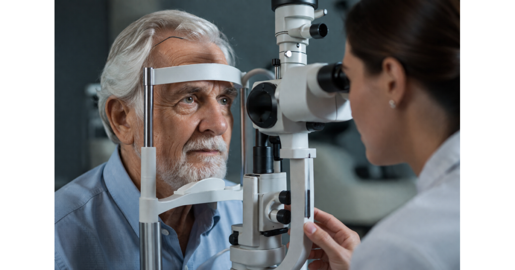 Eye doctor examining a patient's eyes during a glaucoma screening to detect early signs of optic nerve damage.