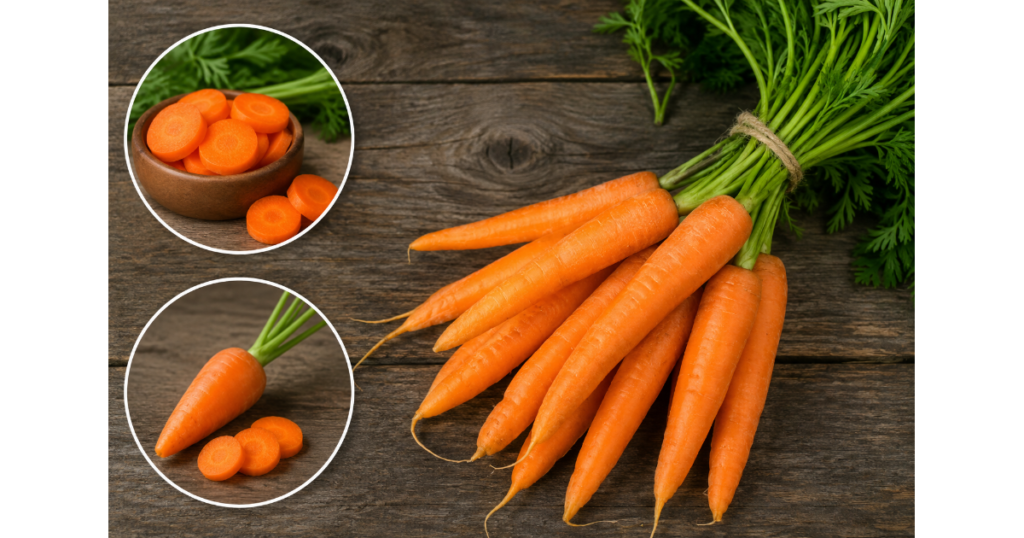 Fresh whole and sliced carrots on a rustic wooden table highlighting the advantages and disadvantages of eating carrots