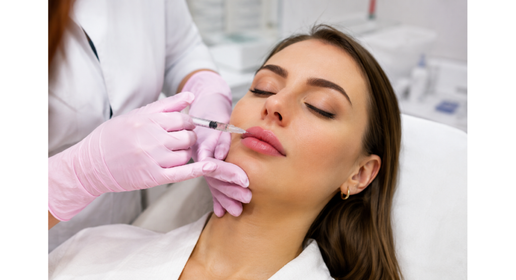 Lip augmentation procedure with dermal filler injection