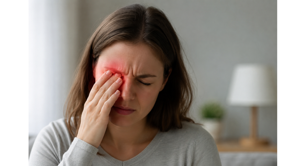 Person pressing their right eye and temple while experiencing pain, illustrating a headache behind the right eye.