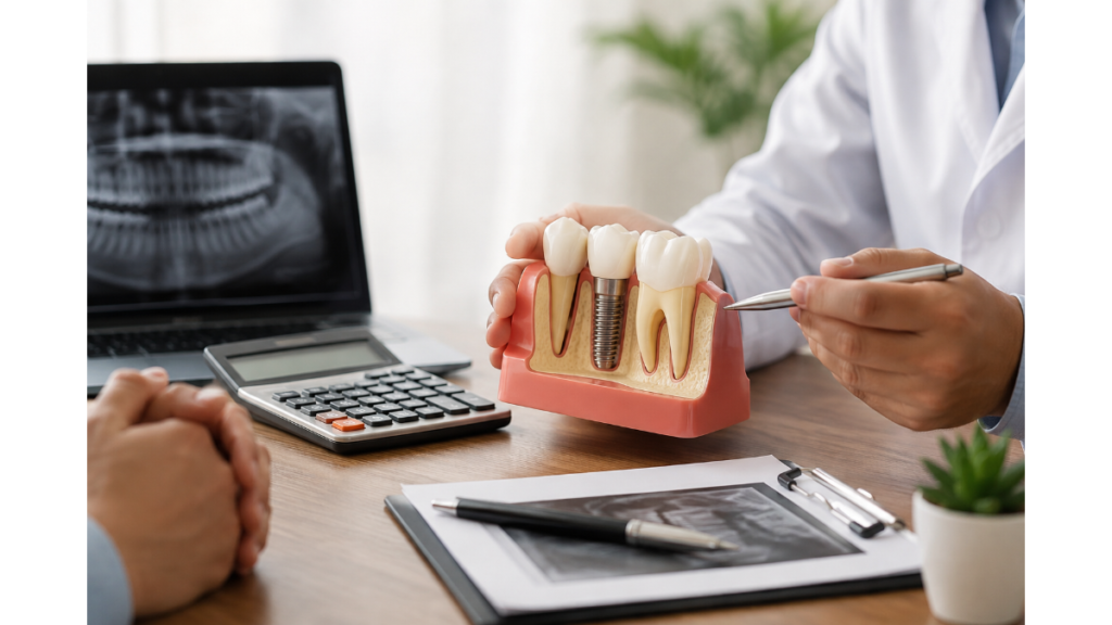 Realistic dental implant consultation with a tooth implant model, dental X-ray, and calculator