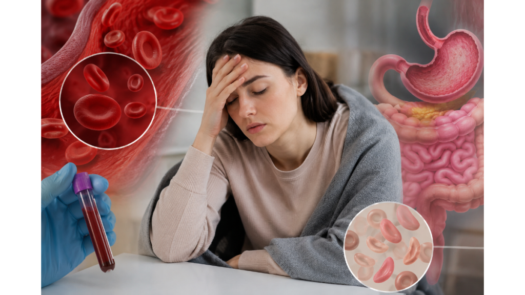 Woman experiencing fatigue with a blood sample and red blood cells, illustrating pernicious anaemia, vitamin B12 deficiency anemia, and autoimmune anemia.