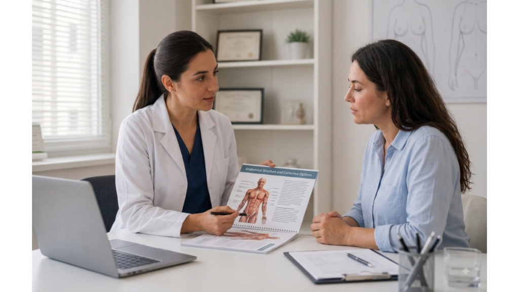 Doctor consulting with a patient about breast reduction surgery in a medical office