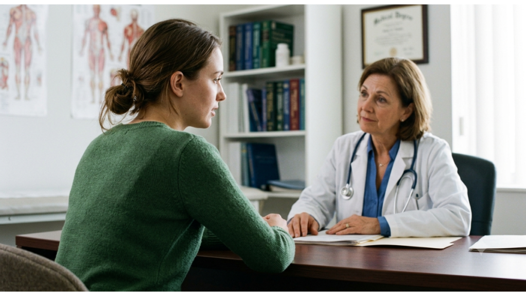 Patient having a supportive clinical consultation with a doctor across a desk in a medical office for macromastia care.
