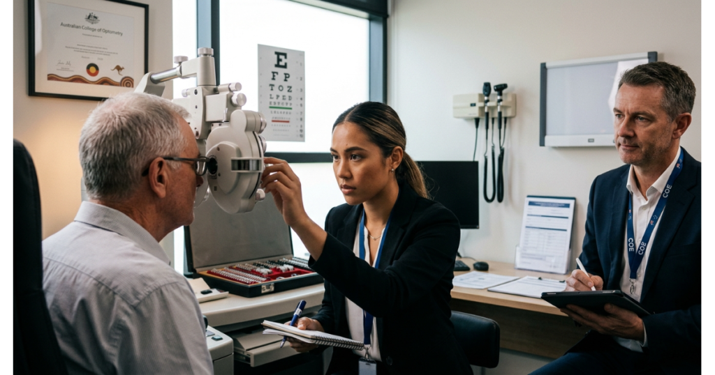 Australian optometrist candidate taking an eye examination assessment in a clinical setting