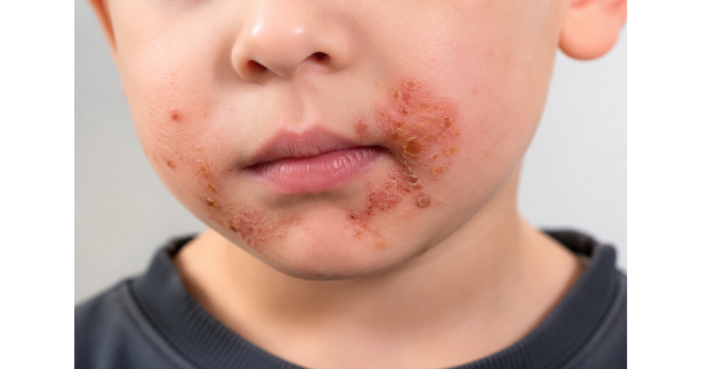 Impetigo causing red sores and honey-colored crusts around a child’s mouth