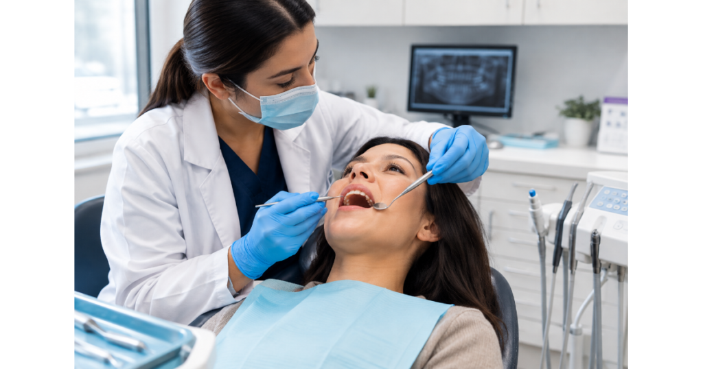 Dentist examining a patient for regular dental problems