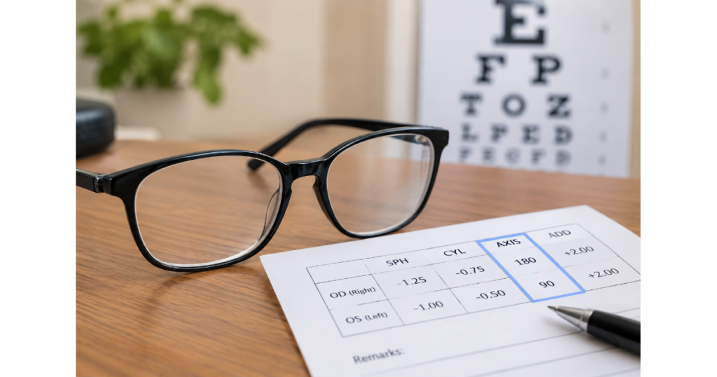 Prescription glasses and an eye prescription showing the axis measurement