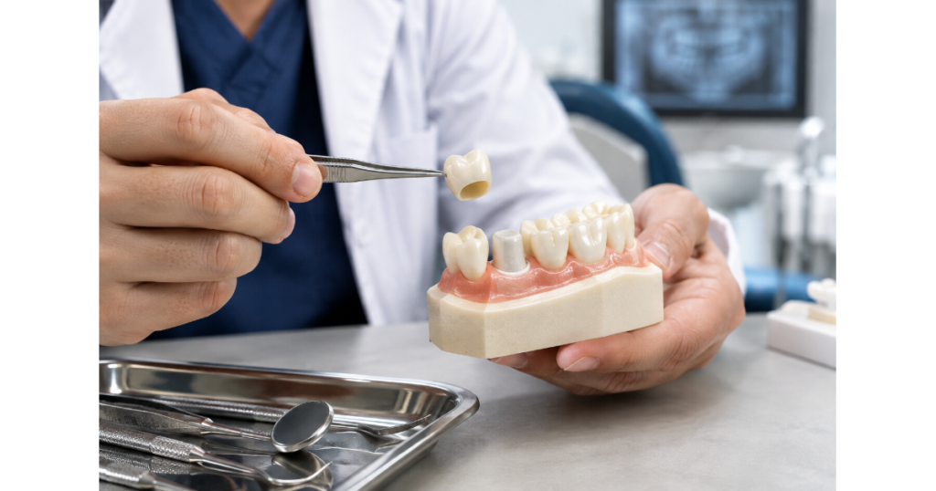 Dentist holding a dental crown over a prepared tooth model