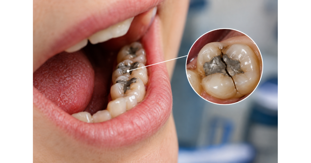 Cracked dental filling in a molar tooth