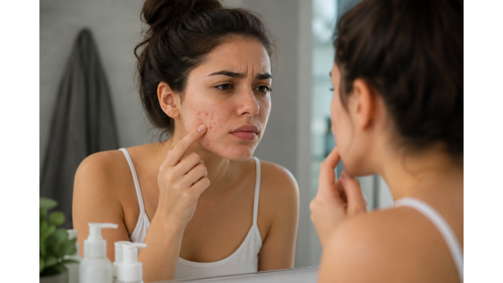 Woman looking at pimples on her face in a bathroom mirror