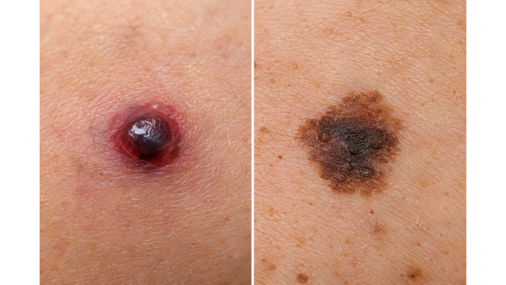 Blood blister vs melanoma showing different skin lesions