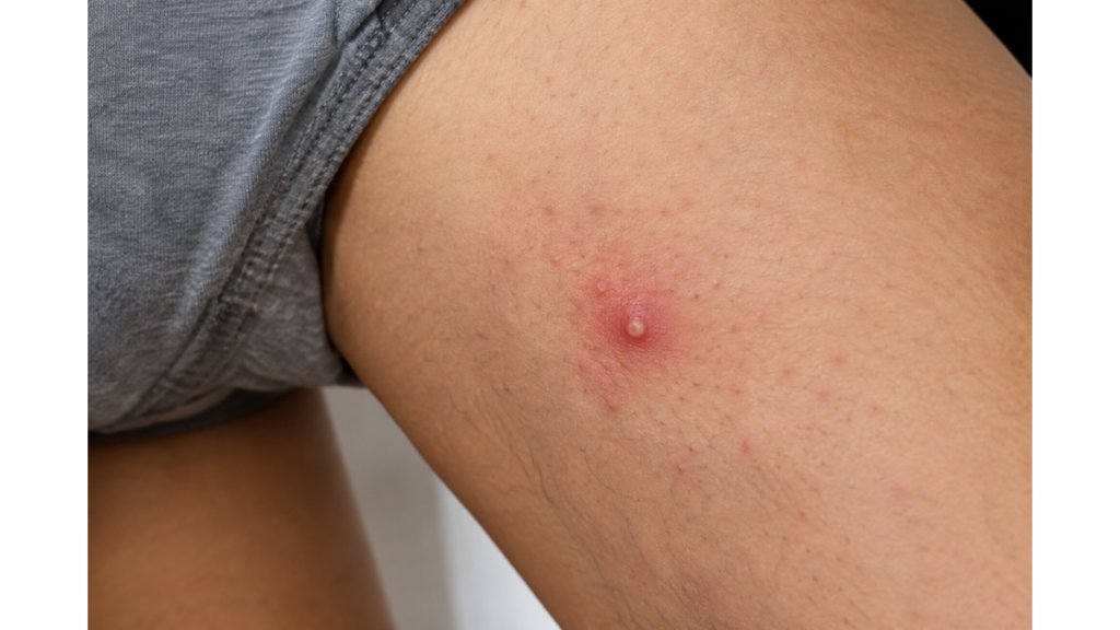 Red pimple on inner thigh with surrounding skin redness