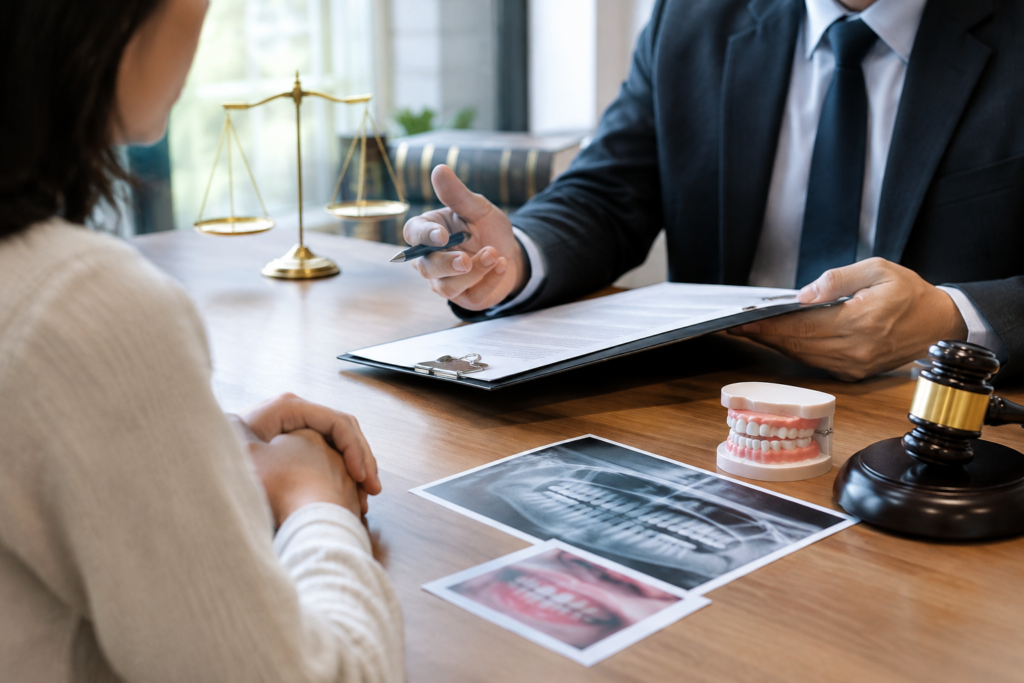 Dental malpractice consultation with legal documents and dental records