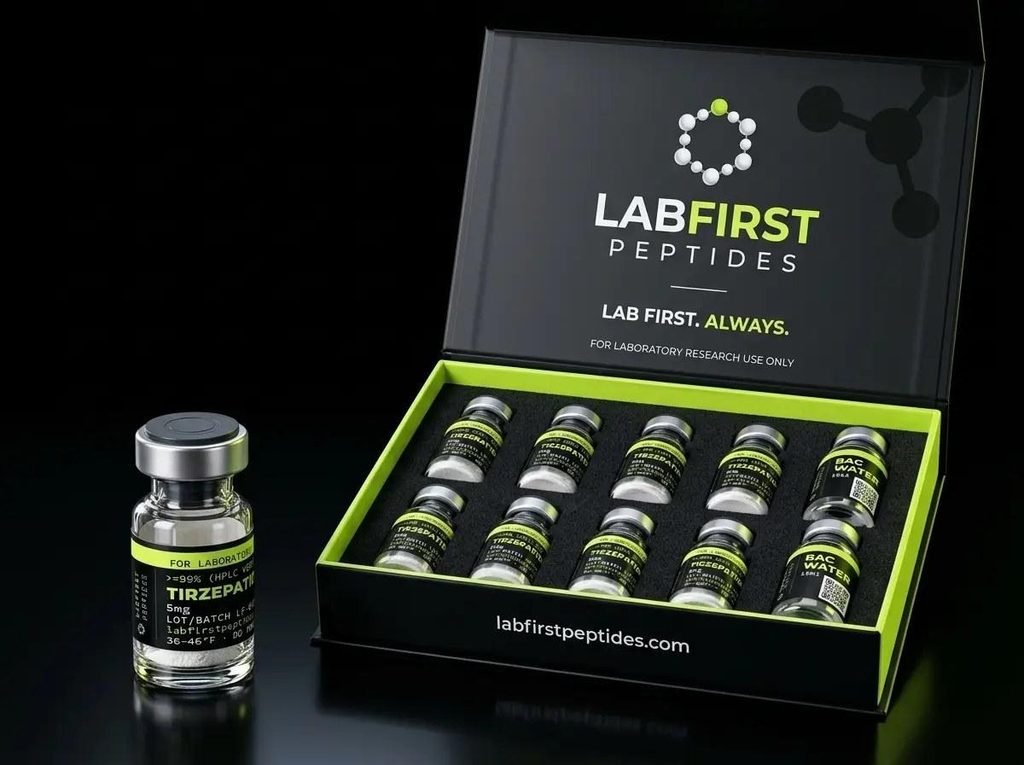 Research vials packed for same-day dispatch, LabFirst Peptides